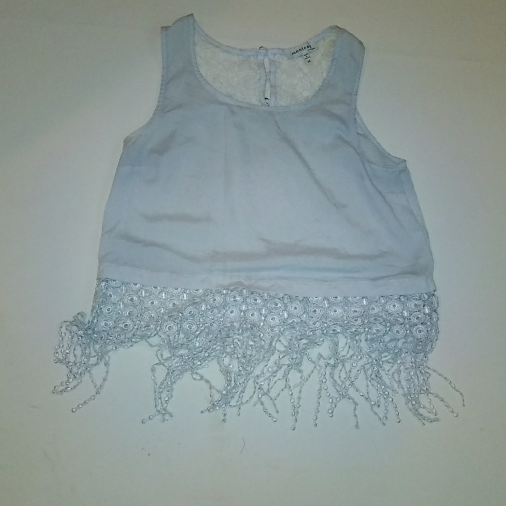 Monteau pale blue fringe and lace sleeveless tank